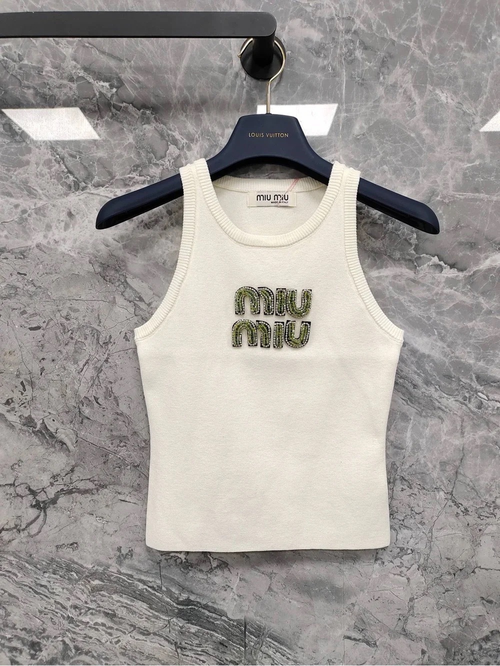 Louis Vuitton Cream Knit Tank with Green Embellished Logo